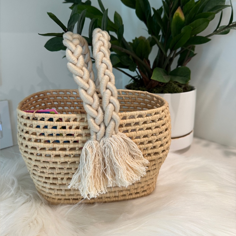 Nannacay Straw Woven Basket Muni Tote with Braided Handles & Tassel - Natural